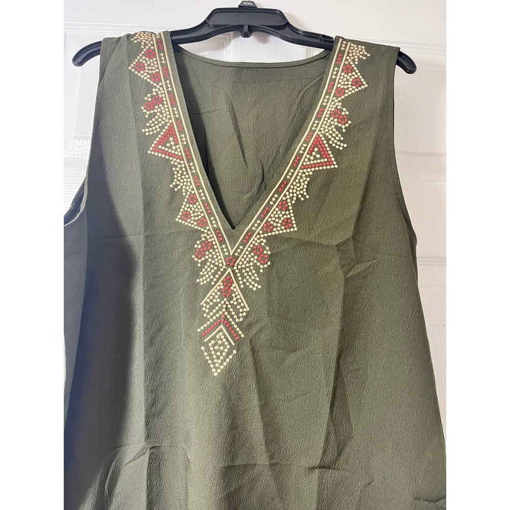 Olive Green Sleeveless V-Neck Embroidered Boho Tunic Top Plus Size XXL - Picture 2 of 4